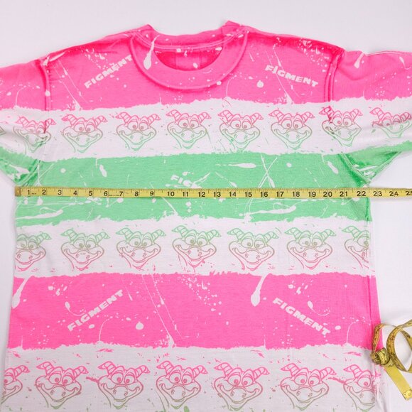 Vintage 80s Disney Figment All Over Print T Shirt Dragon Green Pink Neon L/XL - Picture 8 of 8